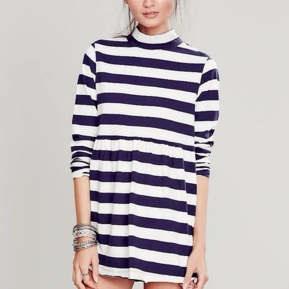 We The Free People Striped Peplum Mock Neck Tunic Top Size Small French Sailor - Picture 1 of 15